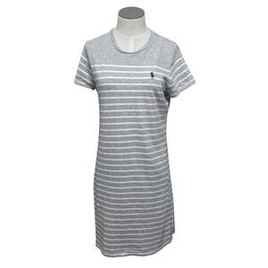 Polo Ralph Lauren Womens Gray & White Stripe Short Sleeve Logo Shirt Dress Sz M